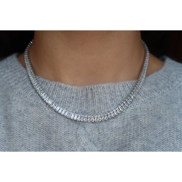 Diamond Tennis Necklace, CZ Tennis Necklace Choker, Baguette Tennis Necklace - Picture 3 of 9